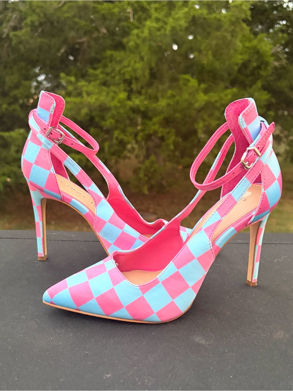 Gianni Bini Lulaa Pink Blue Checkerboard Pointed Ankle Strap Pumps Size 7.5
